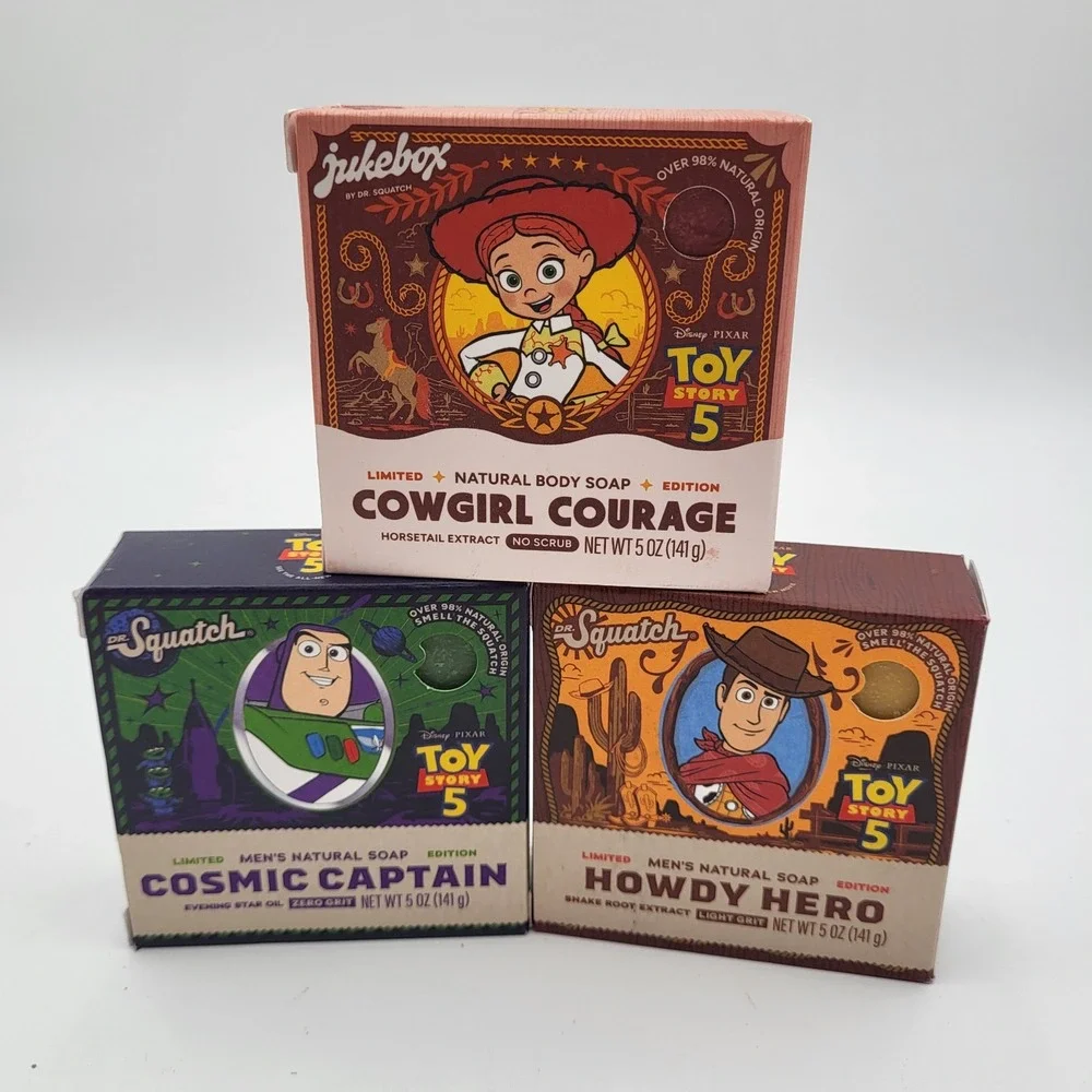 Set of 3 Dr. Squatch Jukebox Toy Story Natural Bar Soap 5oz Woody Buzz Jessie